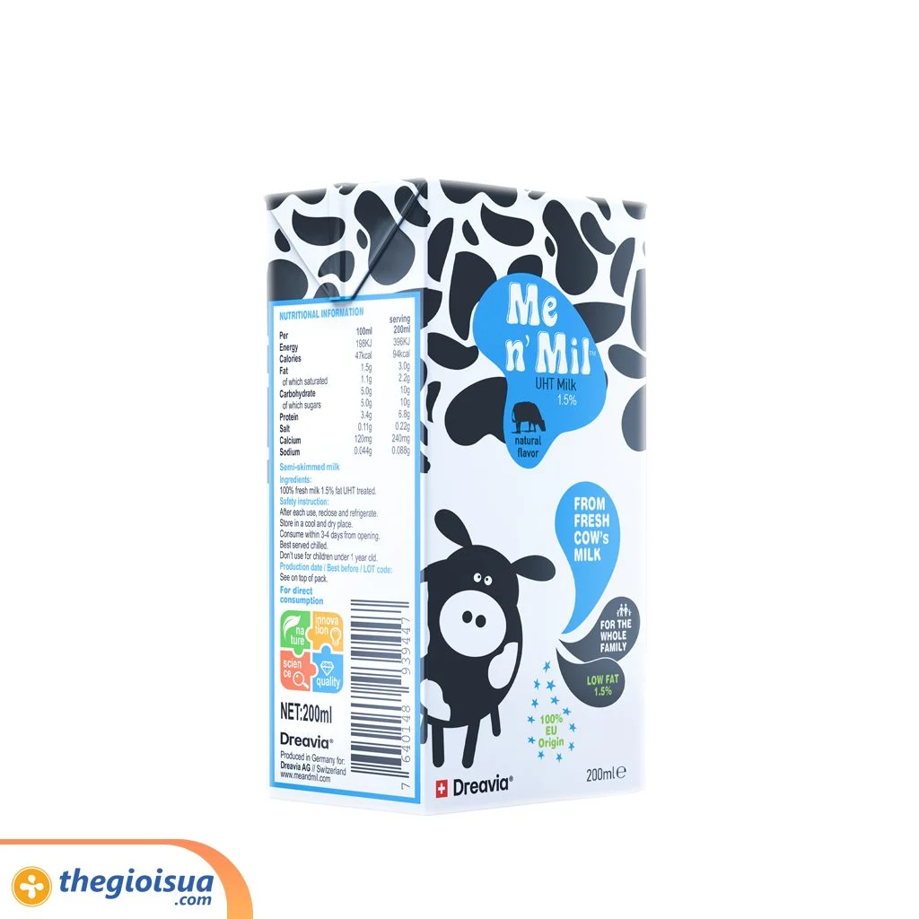 Sữa tươi tiệt trùng Me n’ Mil UHT Natural Milk 1,5% 200ml